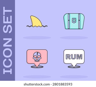Set Alcohol drink Rum, Shark fin ocean wave, Skull and Antique treasure chest icon. Vector