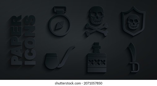 Colocar la bebida alcohólica Rum, Escudo con cráneo pirata, tubo humeante, espada pirata, calavera sobre los huesos cruzados e icono de la brújula. Vector