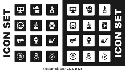 Set Alkohol trinken Rum, Ship-Porthole mit der Jahreszeit, Location Pirate, Gun-Pulver-Fass, Schädel, Rauchrohr und Cannon-Ikone. Vektorgrafik