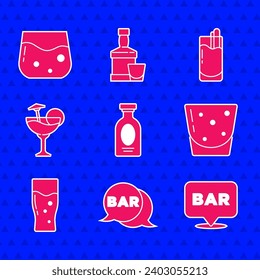 Set Alcohol drink Rum, Street signboard with Bar, bar location, Glass of rum, beer, Cocktail, Bloody Mary and whiskey icon. Vector