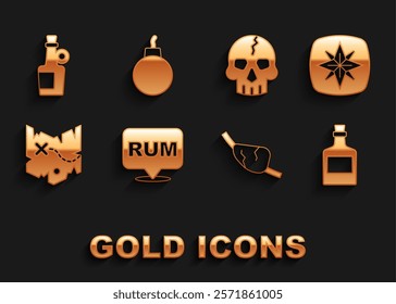 Set Alcohol drink Rum, Wind rose, Pirate eye patch, treasure map, Skull,  and Bomb ready to explode icon. Vector