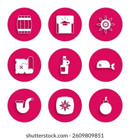 Set Alcohol drink Rum, Wind rose, Bomb ready to explode, Pirate bandana for head, Smoking pipe, treasure map, Ship steering wheel and Wooden barrel icon. Vector