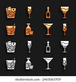 Set Alcohol drink Rum, Wine glass, Glass of champagne, Martini, Cocktail Bloody Mary, Champagne bottle, whiskey and  icon. Vector