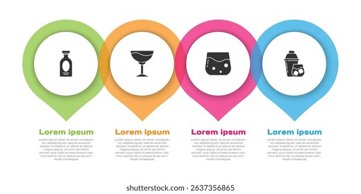 Set Alcohol drink Rum, Wine glass, Glass of whiskey and Cocktail shaker. Business infographic template. Vector