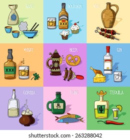 Set of alcohol drinks and appetizer icons. Vector.