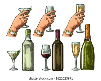 Set Alcohol Drinks With Bottle, Glass And Hand Holding Cocktail, Wine, Champagne. Vintage Vector Color Engraving Illustration For Label, Poster, Invitation To A Party. Isolated On White Background.