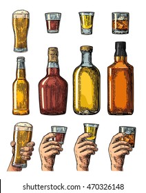 Set alcohol drinks with bottle, glass and hand holding beer, whiskey, tequila. Vintage color vector engraving illustration for label, poster, invitation to party. Isolated on white background