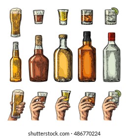 Set alcohol drinks with bottle, glass and hand holding beer, gin, whiskey, tequila. Vintage color vector engraving illustration for label, poster, invitation to party. Isolated on white background
