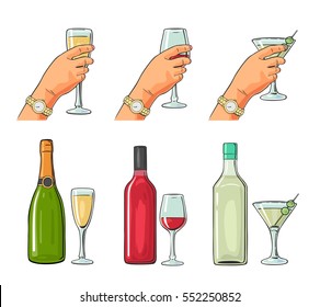 Set Alcohol Drinks With Bottle, Glass And Hand Holding Cocktail, Wine, Champagne. Vector Color Flat Illustration For Label, Poster, Invitation To Party. Isolated On White Background