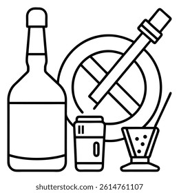 Set of alcohol drinks, bottles, glasses and cans in various styles