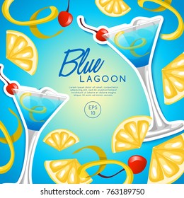 Set of Alcohol Drinks and Cocktails : Blue Lagoon : Vector Illustration