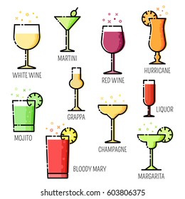 Set Of Alcohol Drinks And Cocktails Icon In Filled Outline Design Style. Cocktail Glass With Drink Icons. Vector Illustration For Menu, Web And Graphic Design.