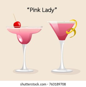 Set of Alcohol Drinks and Cocktails : Pink Lady : Vector Illustration