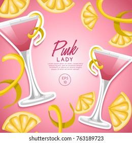 Set of Alcohol Drinks and Cocktails : Pink Lady : Vector Illustration