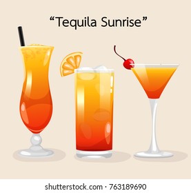 Set of Alcohol Drinks and Cocktails : Tequila Sunrise : Vector Illustration