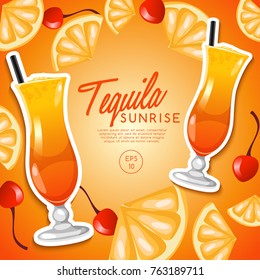 Set Of Alcohol Drinks And Cocktails : Tequila Sunrise : Vector Illustration