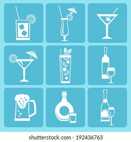 Set of alcohol drinks and coctails icons. Vector.