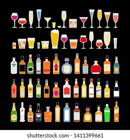 Set of alcohol drinks in glasses isolated on white background vector illustration. Holiday celebration.