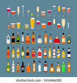 Set of alcohol drinks in glasses isolated on white background vector illustration. Holiday celebration.