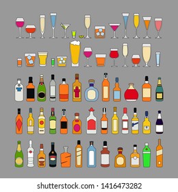 Set of alcohol drinks in glasses isolated on white background vector illustration. Holiday celebration.