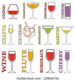 Set of Alcohol Drinks icons. Tumblers set for alcohol drinks, cocktails and ice cream.