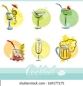 Set of alcohol drinks images in grunge style. Calligraphy elements for cafe or restaurant design.