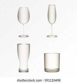 Set of alcohol drinks realistic glasses transparent set isolated vector illustration. Red wine, Champagne, Beer, Whisky glass
