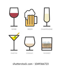Set: alcohol drinks. Several kinds of glasses. Wine, beer, champagne, martini and cognac. Vector illustration, flat design