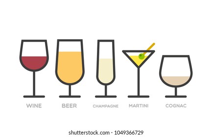 Set: alcohol drinks. Several kinds of glasses. Wine, beer, champagne, martini and cognac. Vector illustration, flat design