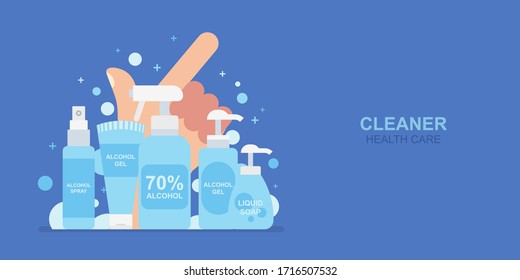 Set of Alcohol Gel, Alcohol Spray, Liquid Soap, kill virus by wash hand and spray hand, Medical Health care concept, Flat design vector illustration.