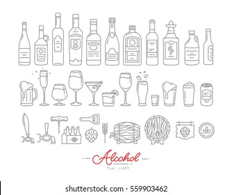 Set Of Alcohol Icons In Flat Style Drawing With Grey Lines On White Background