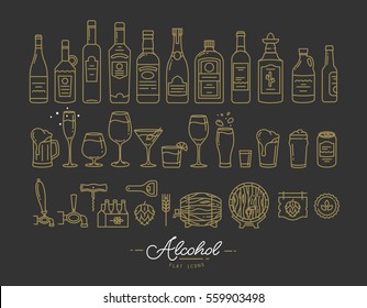 Set of alcohol icons in flat style drawing with gold lines on black background
