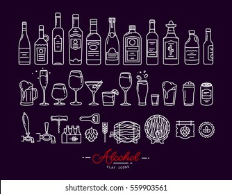 Set of alcohol icons in flat style drawing with white lines on violet background