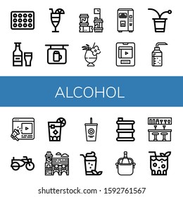 Set of alcohol icons. Such as Beer box, Beer, Cocktail, Bar, Barrels, Juice, Entertainment, Beer pong, Alcohol, Sidecar, Cuba libre, Mimosa, Soda, Barrel, Ice bucket , alcohol icons