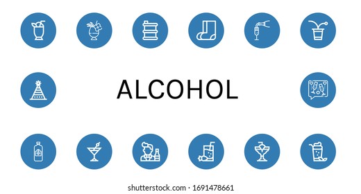 Set of alcohol icons. Such as Cocktail, Barrel, Valenki, Champagne, Beer pong, Juice, Bartender, Fun hat, Toast , alcohol icons