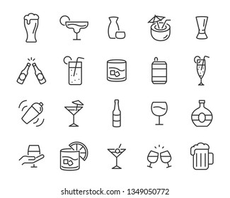 Set Of Alcohol Icons, Such As Wine, Champagne, Beer, Whisky, Cocktail, Glass