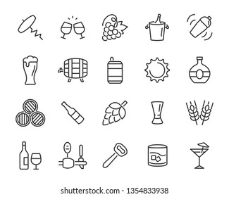 set of alcohol icons, such as wine, champagne, beer, whisky, cocktail, glass