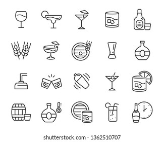 set of alcohol icons, such as wine, champagne, beer, whisky, cocktail