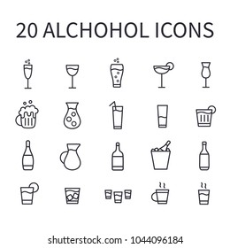 Set of alcohol icons for web or mobile app. Vector bar icons. Thin line buttons for internet. Illustration isolated on white background.