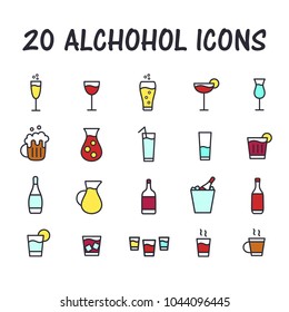 Set of alcohol icons for web or mobile app. Cartoon bar icons. Thin line buttons for internet. Flat style. Vector illustration isolated on white background.