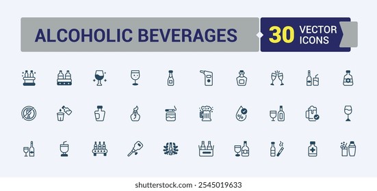 Satz von Alkohol-Linien-Symbole. Enthält Symbole für Tequila, Sammlung, Martini, Flasche, Feier, Shake, Shot und mehr. Dünne lineare Formatsymbole. Bearbeitbares Vektorsymbol und Illustration.