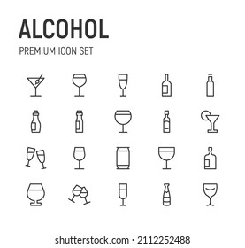 Set of alcohol line icons. Premium pack of signs in trendy style. Pixel perfect objects for UI, apps and web. 