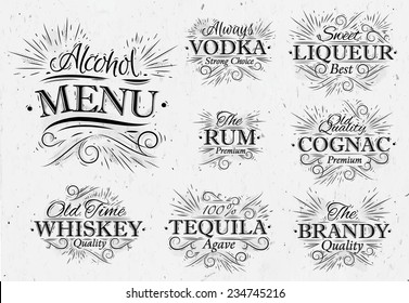 Set alcohol menu beverages names in retro style lettering vodka, liqueur, rum, cognac, brandy, tequila, whiskey
