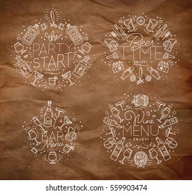 Set of alcohol monograms in flat style drawing with grey lines on craft background