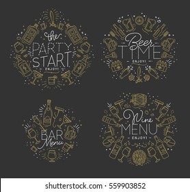 Set of alcohol monograms in flat style drawing with gold lines on dark background