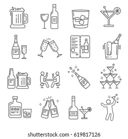Set of alcohol Related Vector Line Icons. Includes such Icons as beer, glass, champagne,whiskey, vermouth, wine list, wine bar, drin, celebration