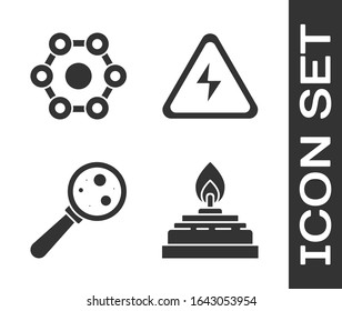 Set Alcohol or spirit burner, Chemical formula, Microorganisms under magnifier and High voltage sign icon. Vector