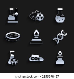 Set Alcohol or spirit burner, CO2 emissions in cloud, DNA symbol, Test tube with toxic liquid, Petri dish bacteria,  and flask stand icon. Vector