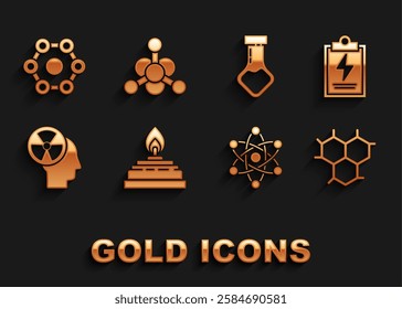 Set Alcohol or spirit burner, Laboratory clipboard with checklist, Chemical formula, Atom, Human head and radiation, Test tube flask chemical,  and Bacteria icon. Vector