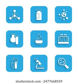 Set Quemador de alcohol o alcohol, Microscopio, Microorganismos bajo lupa, Tubo de ensayo y matraz, Explosión química, Molécula e icono. Vector